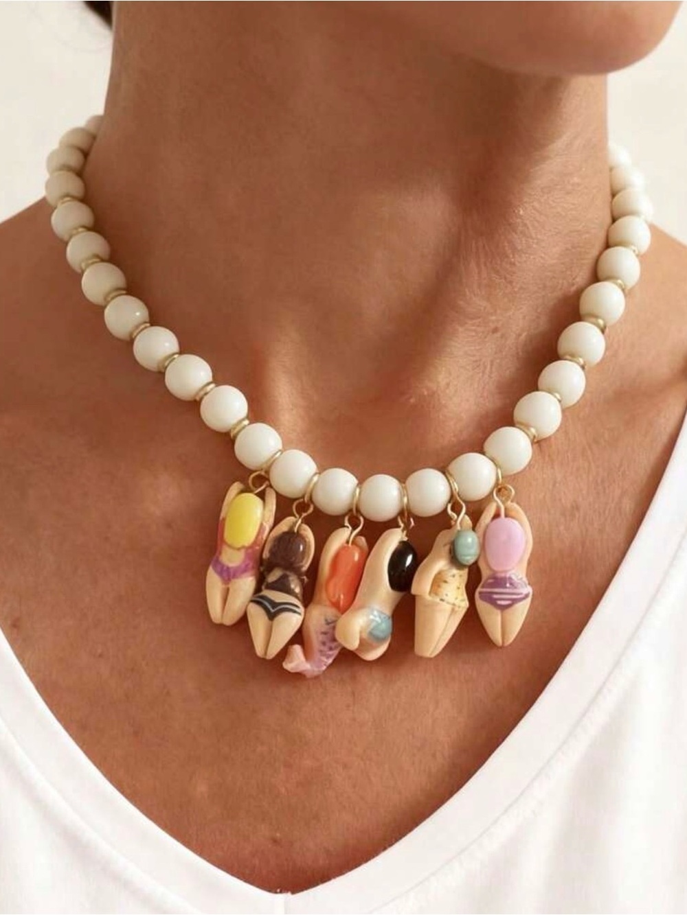 Beaded Charm Necklace with Colorful Bikini Dangle Charms - White